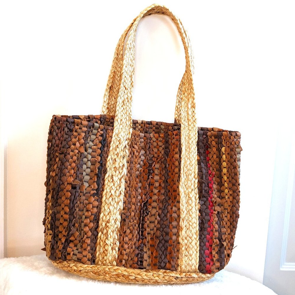 Genuine Leather and Jute Woven Tote - NWOT